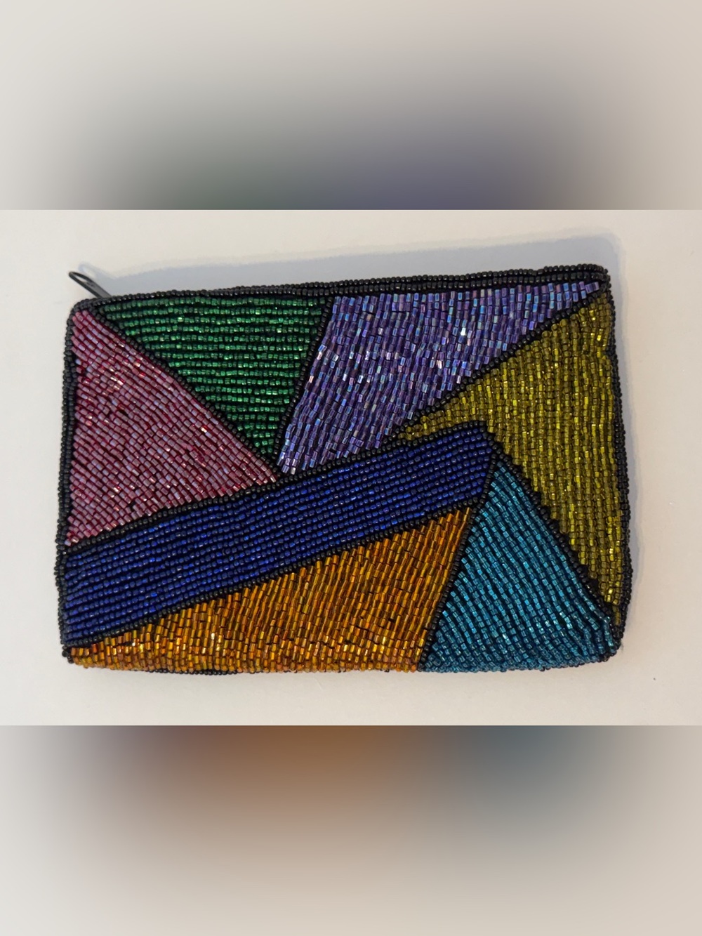 Vintage Neiman Marcus Beaded Clutch Geometric Multicolor Mosaic Pouch Wallet Zip